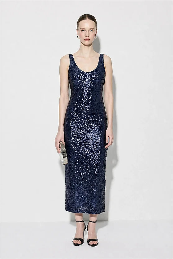 Spaghetti Strap Sequin Premium Long Evening Dress - Navy Blue - 3