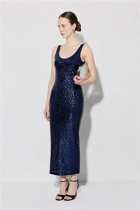 Spaghetti Strap Sequin Premium Long Evening Dress - Navy Blue - Gusto