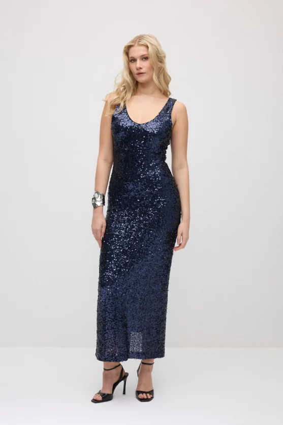 Spaghetti Strap Sequin Premium Long Evening Dress - Navy Blue - Gusto