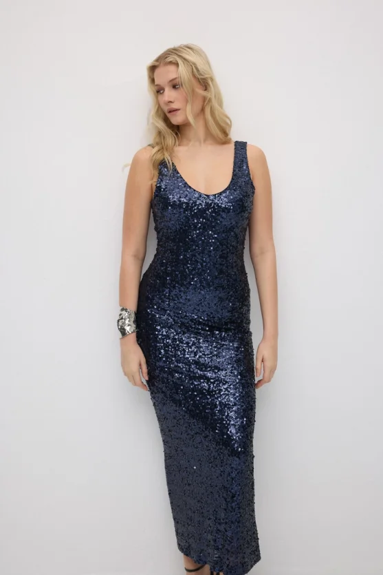 Spaghetti Strap Sequin Premium Long Evening Dress - Navy Blue - Gusto