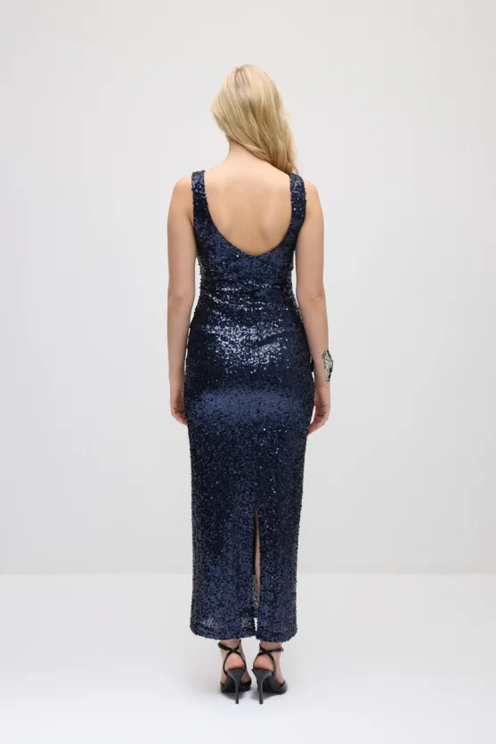 Spaghetti Strap Sequin Premium Long Evening Dress - Navy Blue - Gusto