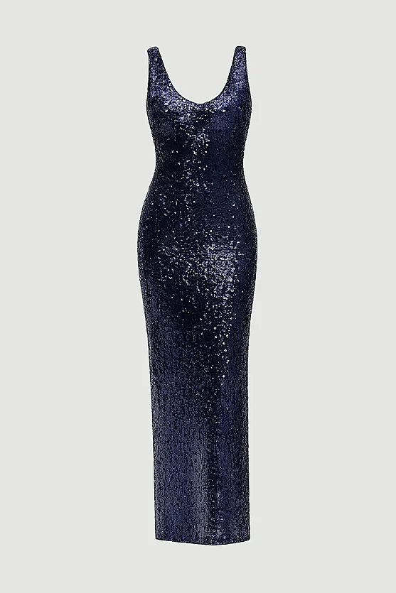 Spaghetti Strap Sequin Premium Long Evening Dress - Navy Blue - Gusto