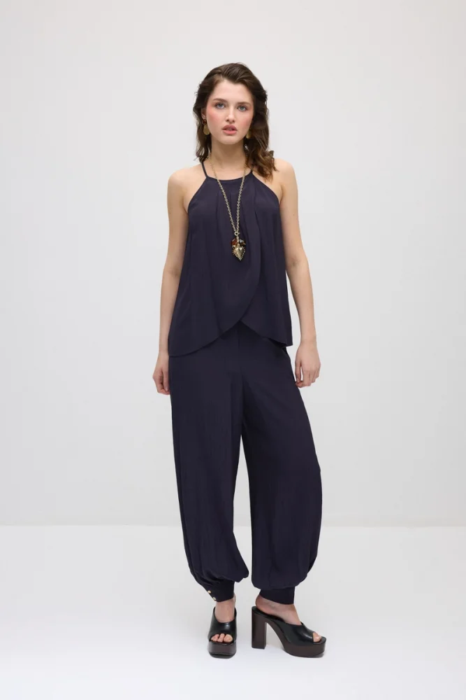 Spaghetti Strap Wrap-Style Viscose Blouse - Navy Blue Navy Blue