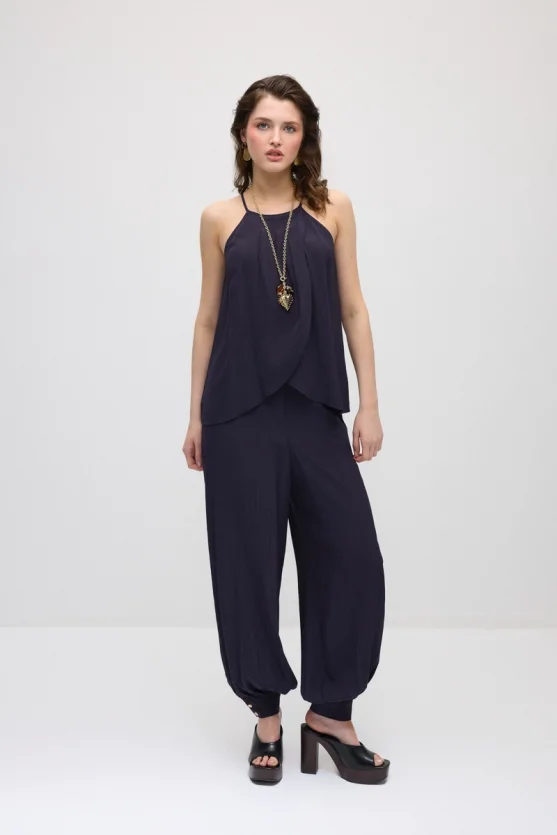 Spaghetti Strap Wrap-Style Viscose Blouse - Navy Blue - Gusto