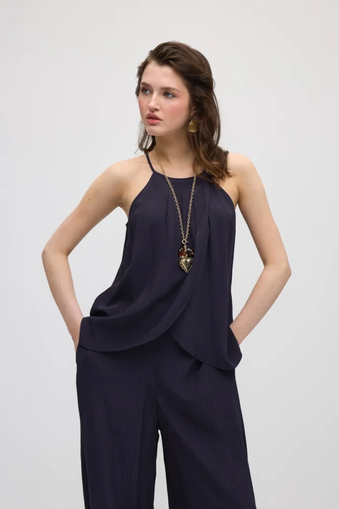 Spaghetti Strap Wrap-Style Viscose Blouse - Navy Blue Navy Blue