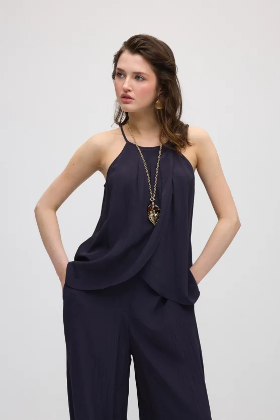 Spaghetti Strap Wrap-Style Viscose Blouse - Navy Blue - 1