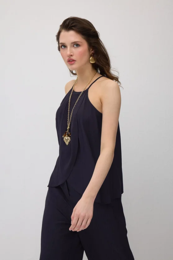 Spaghetti Strap Wrap-Style Viscose Blouse - Navy Blue - 3
