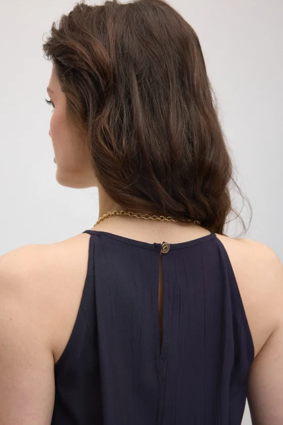 Spaghetti Strap Wrap-Style Viscose Blouse - Navy Blue - 4