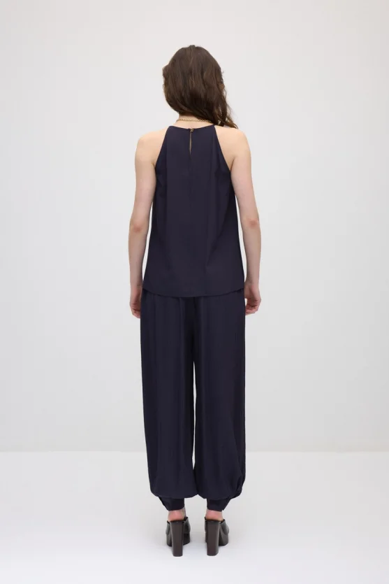 Spaghetti Strap Wrap-Style Viscose Blouse - Navy Blue - Gusto