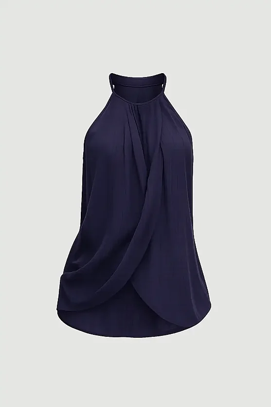 Spaghetti Strap Wrap-Style Viscose Blouse - Navy Blue - Gusto