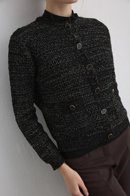 Sparkly Chenille Knit Cardigan - Black - 3