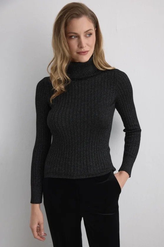 Sparkly Turtleneck Knit Blouse Black - Gusto