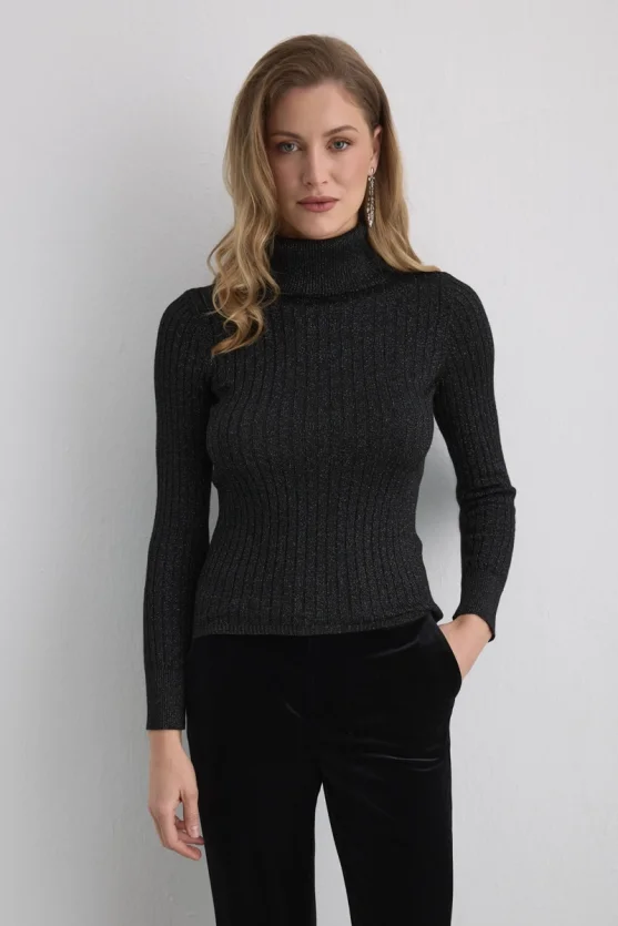 Sparkly Turtleneck Knit Blouse Black - 1