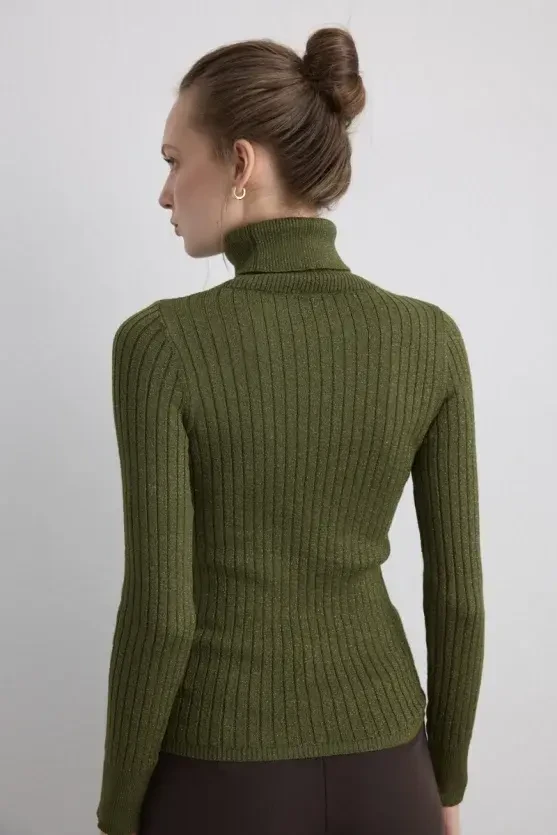 Sparkly Turtleneck Knit Blouse - Khaki - Gusto