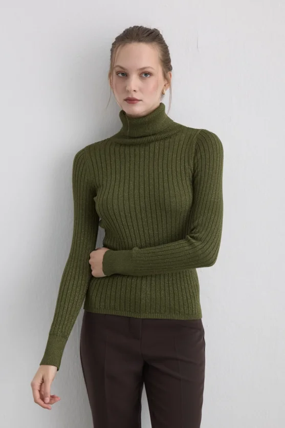 Sparkly Turtleneck Knit Blouse - Khaki - Gusto