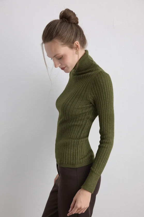 Sparkly Turtleneck Knit Blouse - Khaki - Gusto