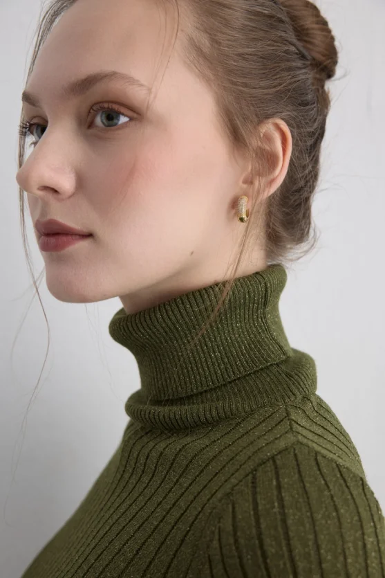 Sparkly Turtleneck Knit Blouse - Khaki - 3