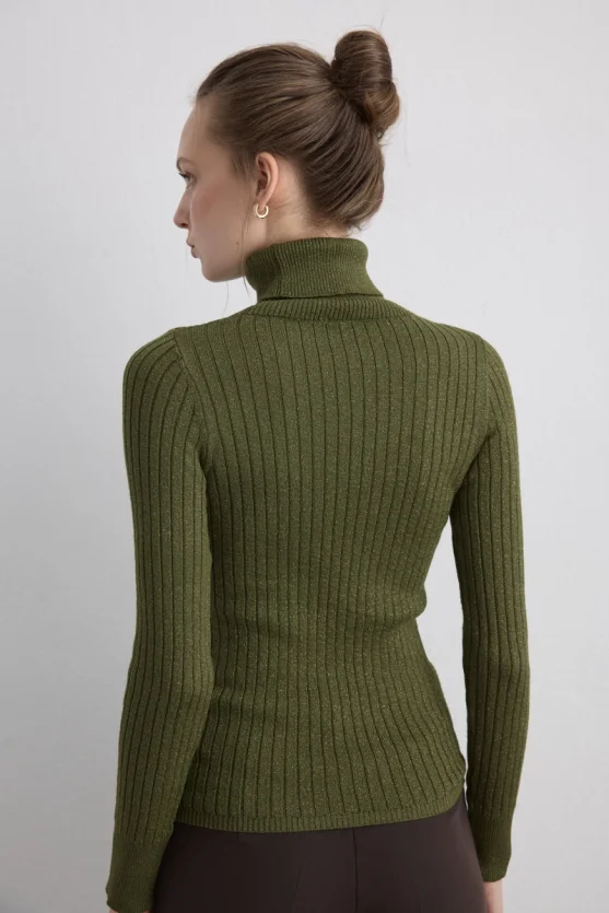 Sparkly Turtleneck Knit Blouse - Khaki - 6