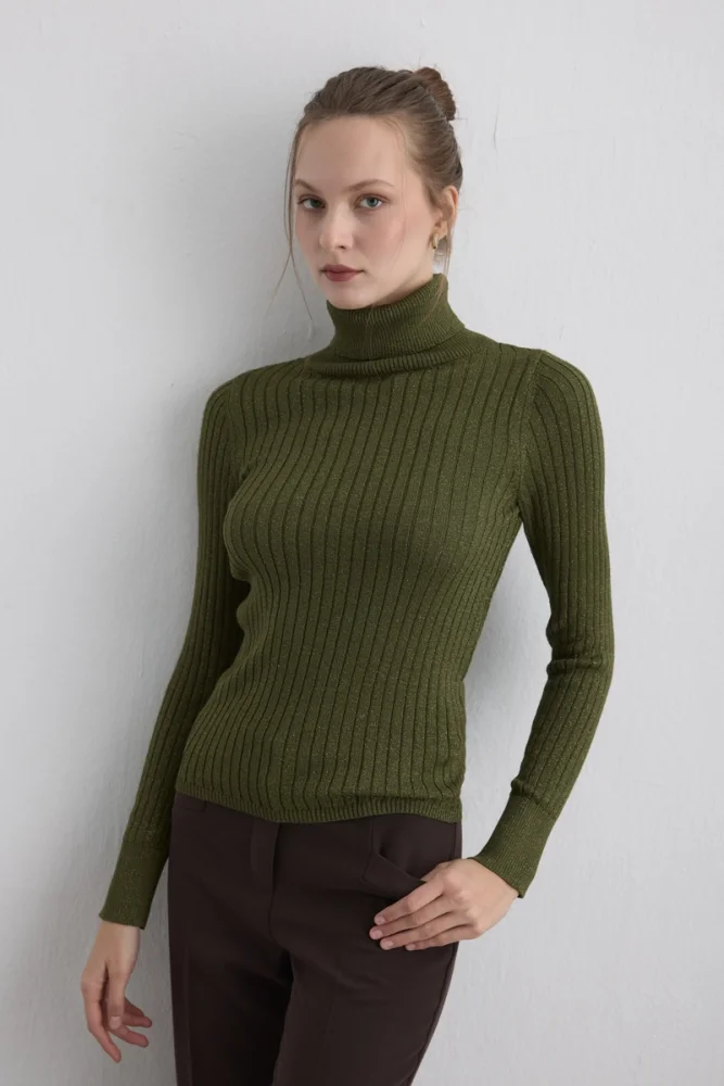 Sparkly Turtleneck Knit Blouse Khaki Khaki