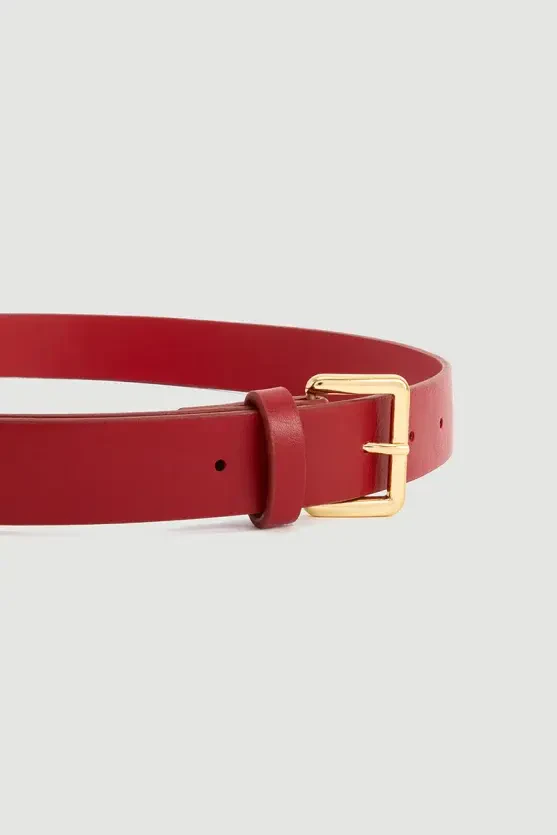 Square Buckle Faux Leather Belt - Red - Gusto