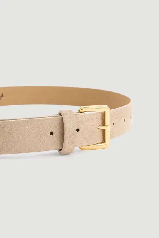 Square Buckle Faux Suede Belt - Beige - 2