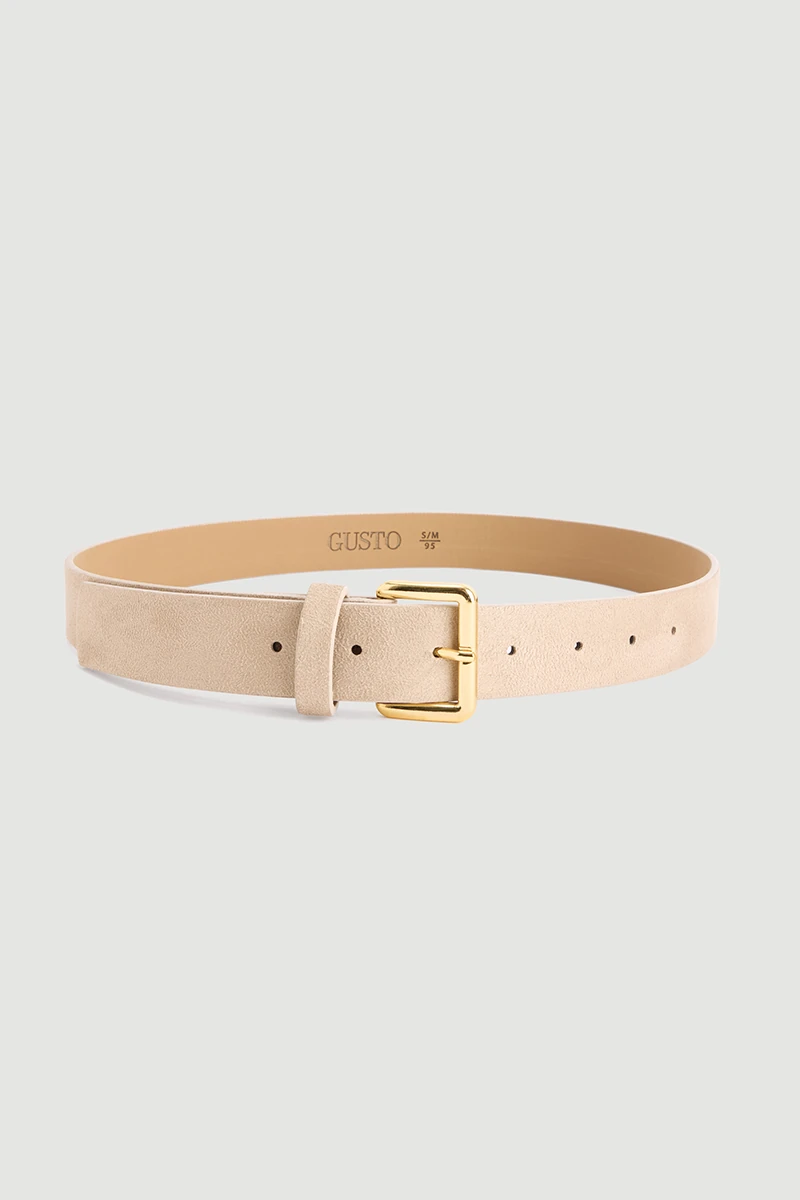 Square Buckle Faux Suede Belt - Beige - 1