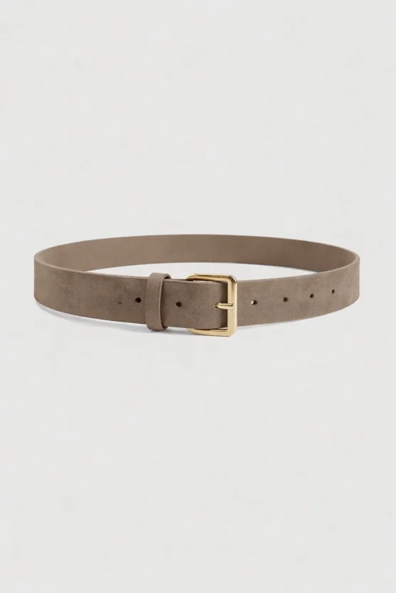 Square Buckle Faux Suede Belt - Beige - 1