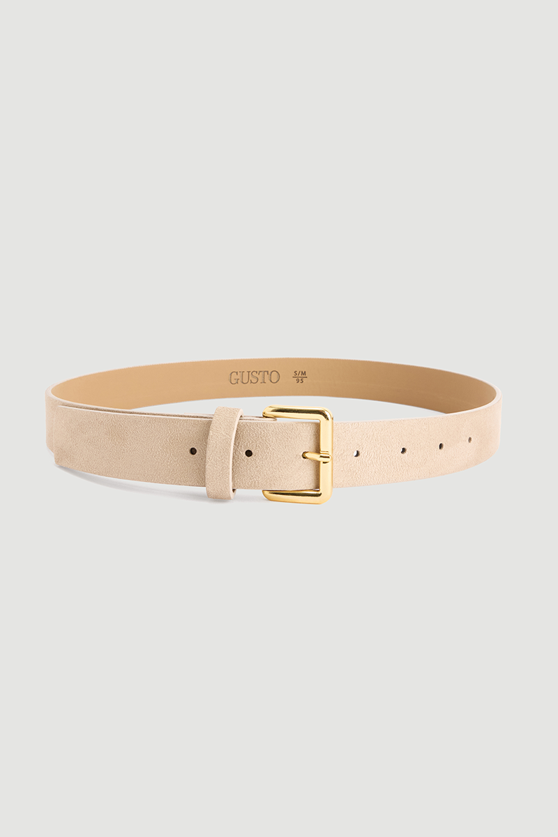 Square Buckle Faux Suede Belt Beige - 1