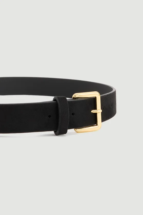 Square Buckle Faux Suede Belt Black - 2