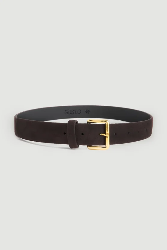 Square Buckle Faux Suede Belt - Brown - Gusto