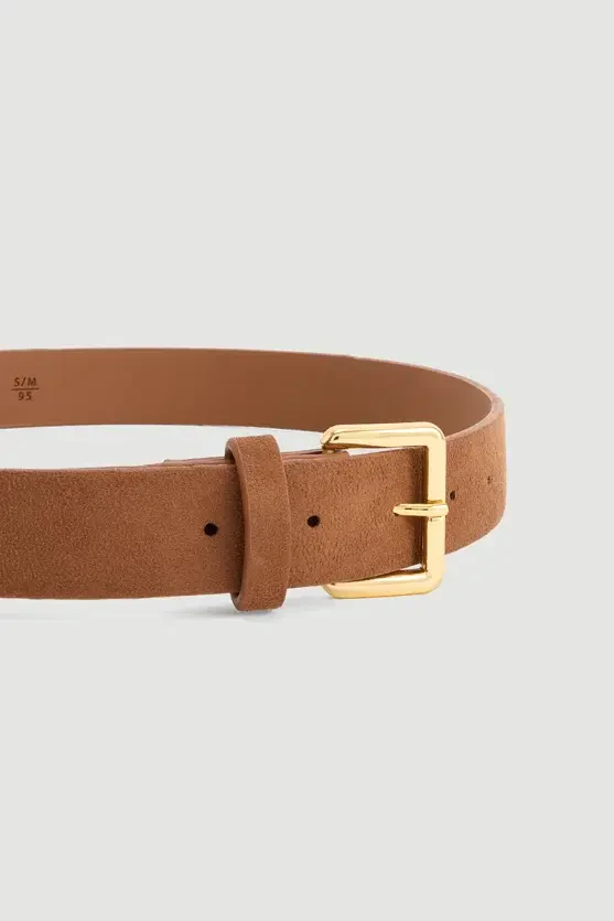 Square Buckle Faux Suede Belt - Camel - 2