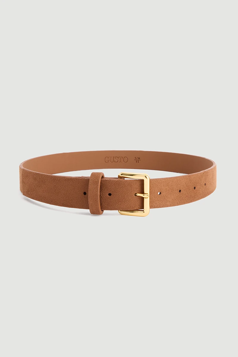 Square Buckle Faux Suede Belt - Camel - 1