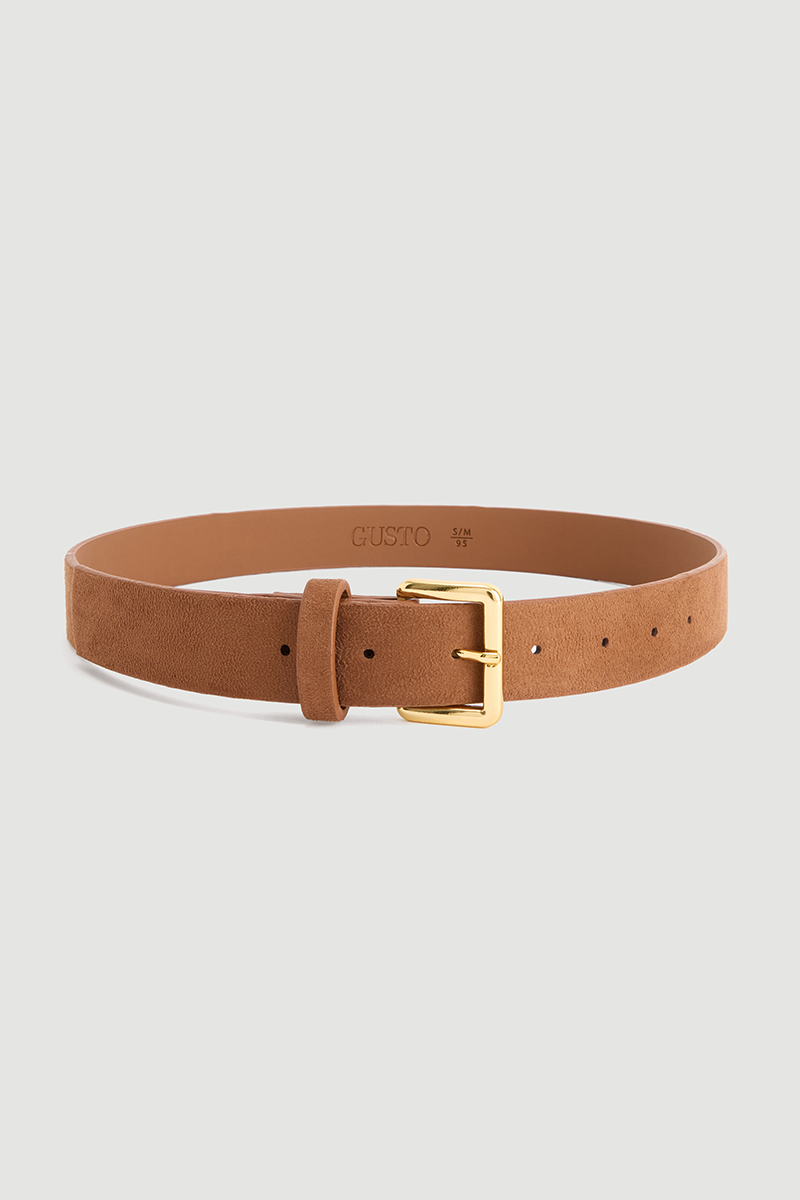 Square Buckle Faux Suede Belt Camel - Gusto