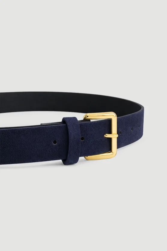 Square Buckle Faux Suede Belt - Navy Blue - 2