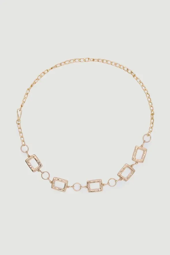 Square Buckled Metal Chain Belt - Gold - 1
