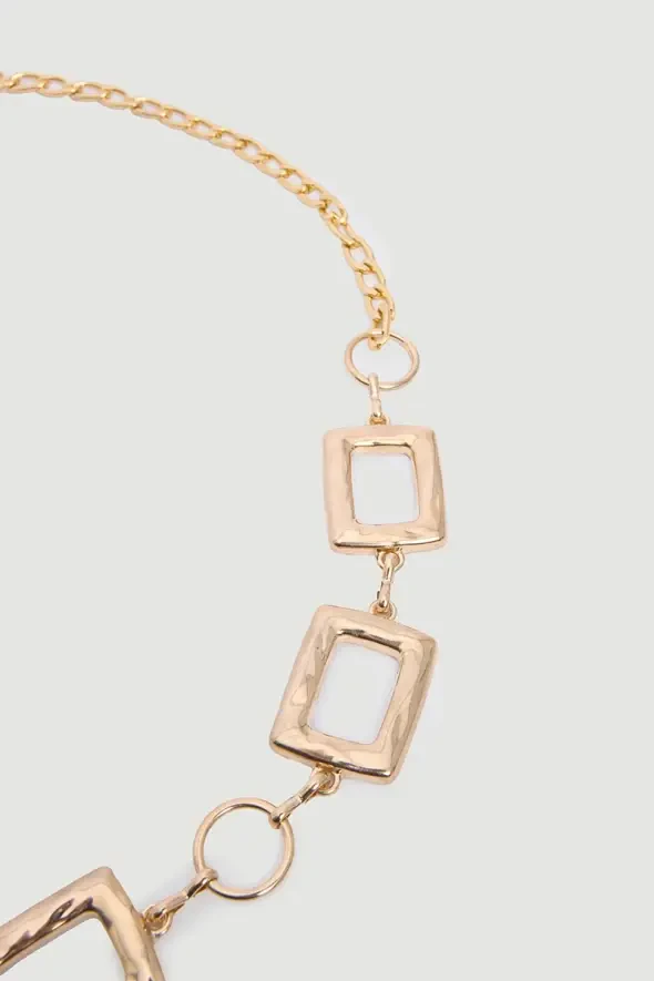 Square Buckled Metal Chain Belt - Gold - 2