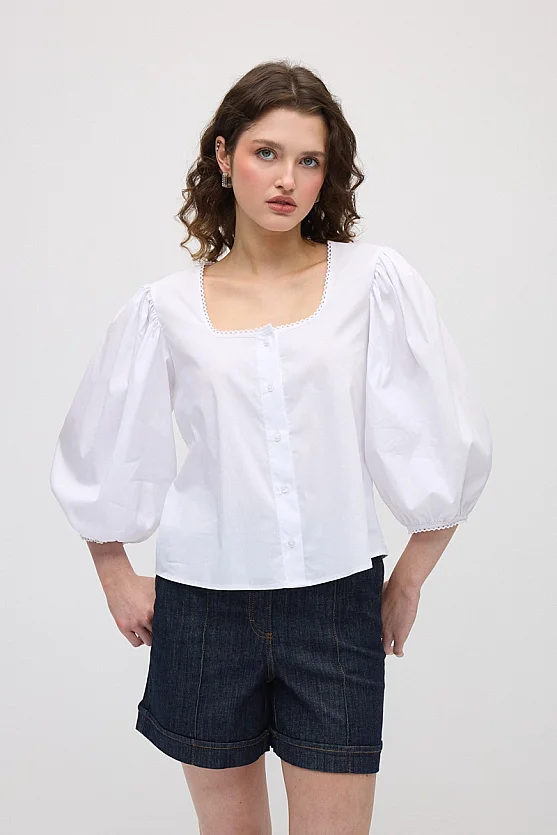 Square Collar Cotton Shirt - White - 3