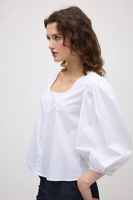 Square Collar Cotton Shirt - White - Gusto
