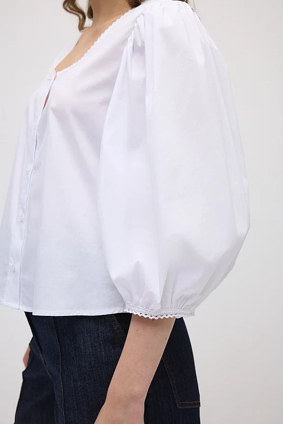 Square Collar Cotton Shirt - White - Gusto
