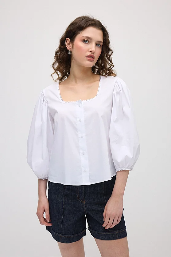Square Collar Cotton Shirt - White - 1