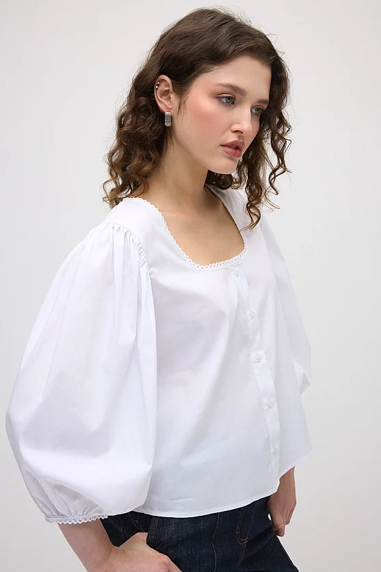 Square Collar Cotton Shirt - White - 4