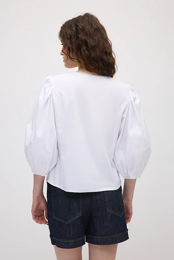 Square Collar Cotton Shirt - White - Gusto