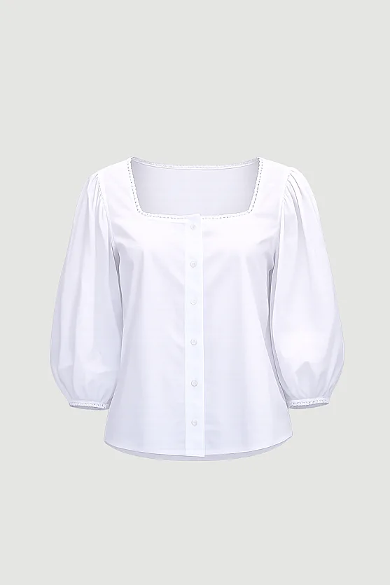 Square Collar Cotton Shirt - White - Gusto