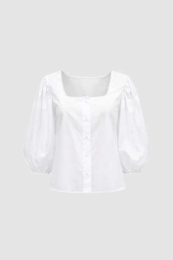 Square Collar Cotton Shirt - White - Gusto