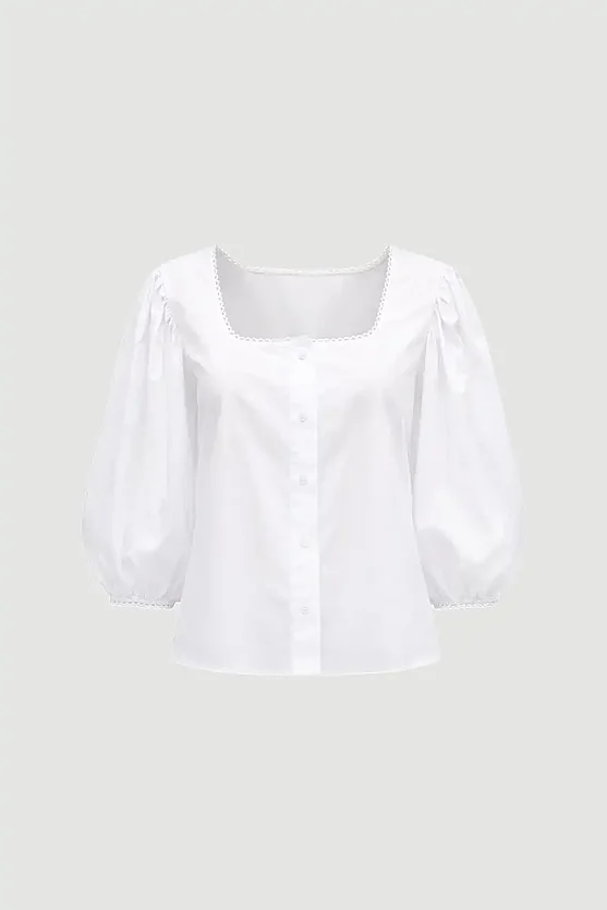 Square Collar Cotton Shirt - White - 7