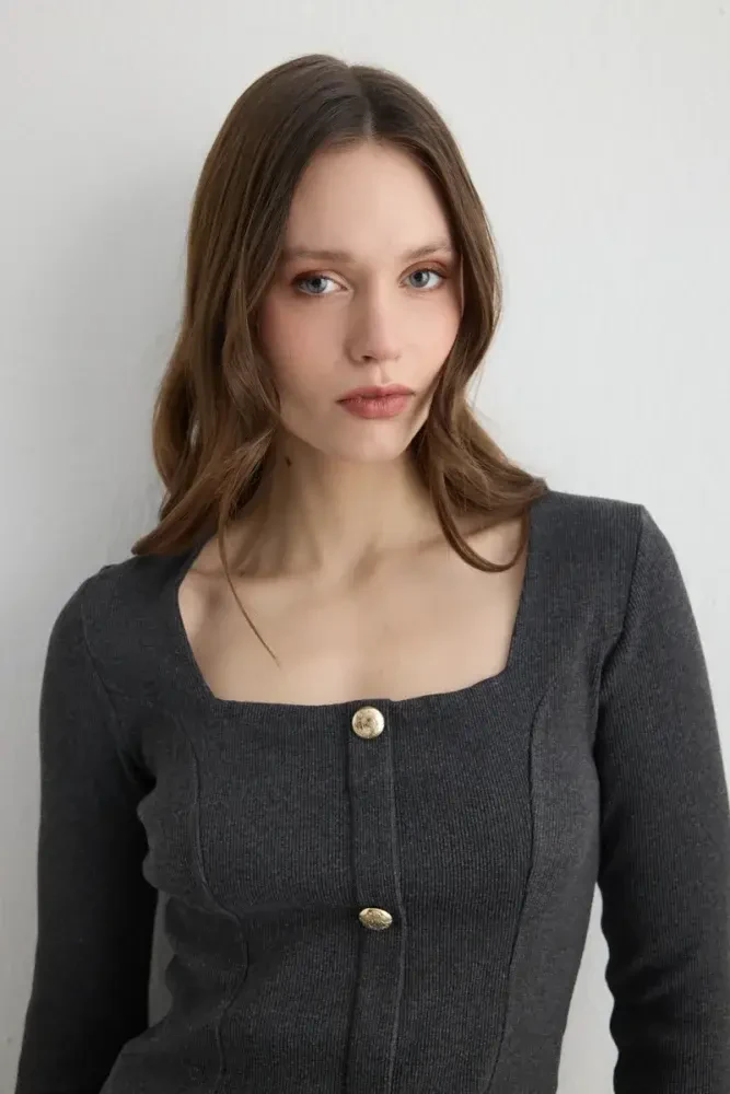 Square Neck Cotton Knit Blouse - Anthracite Smoky