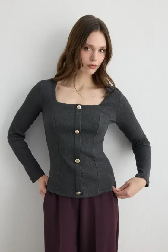 Square Neck Cotton Knit Blouse - Anthracite - 3