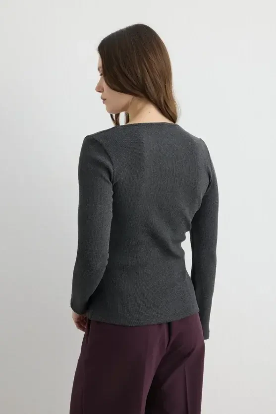 Square Neck Cotton Knit Blouse - Anthracite - 5