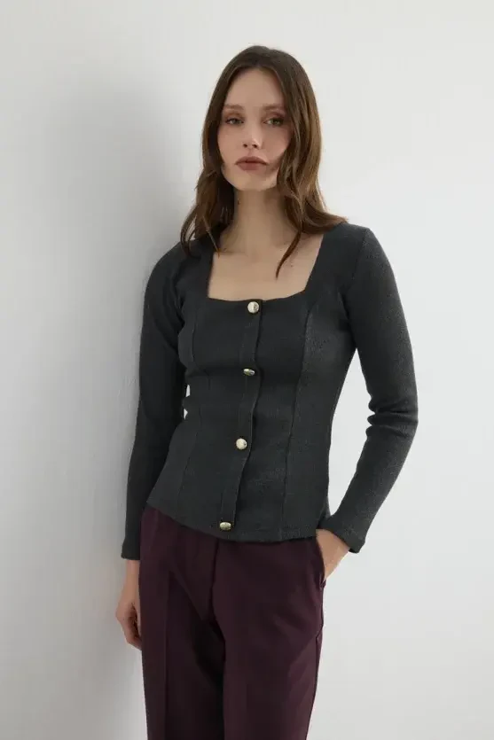 Square Neck Cotton Knit Blouse - Anthracite - 4