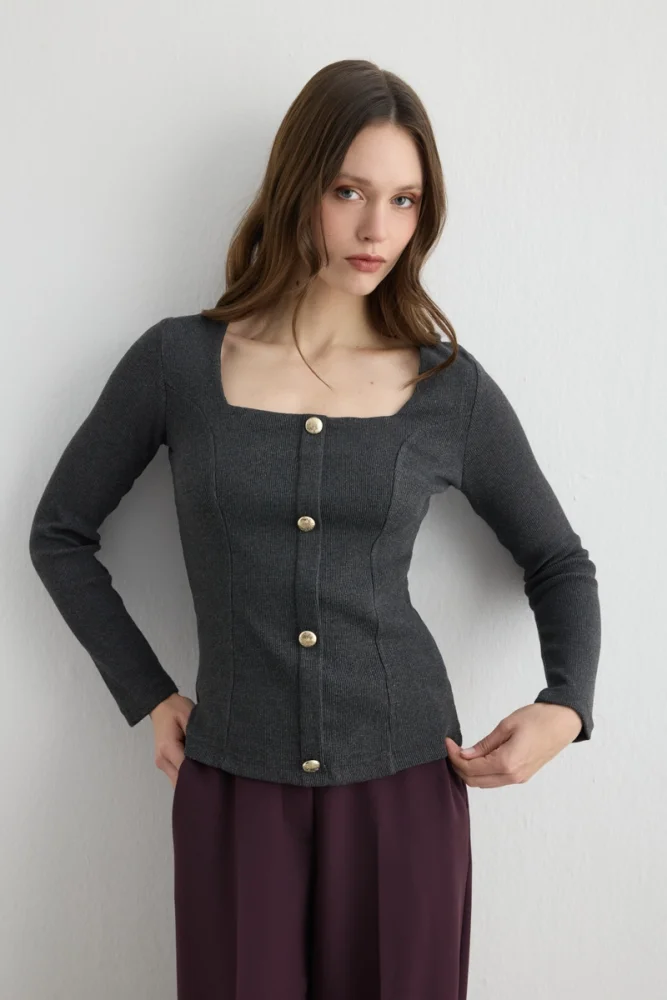 Square Neck Cotton Knit Blouse Anthracite